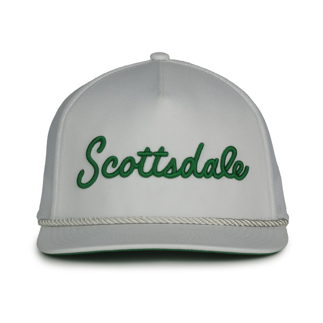 Scottsdale White Golf Hat with Green Letters