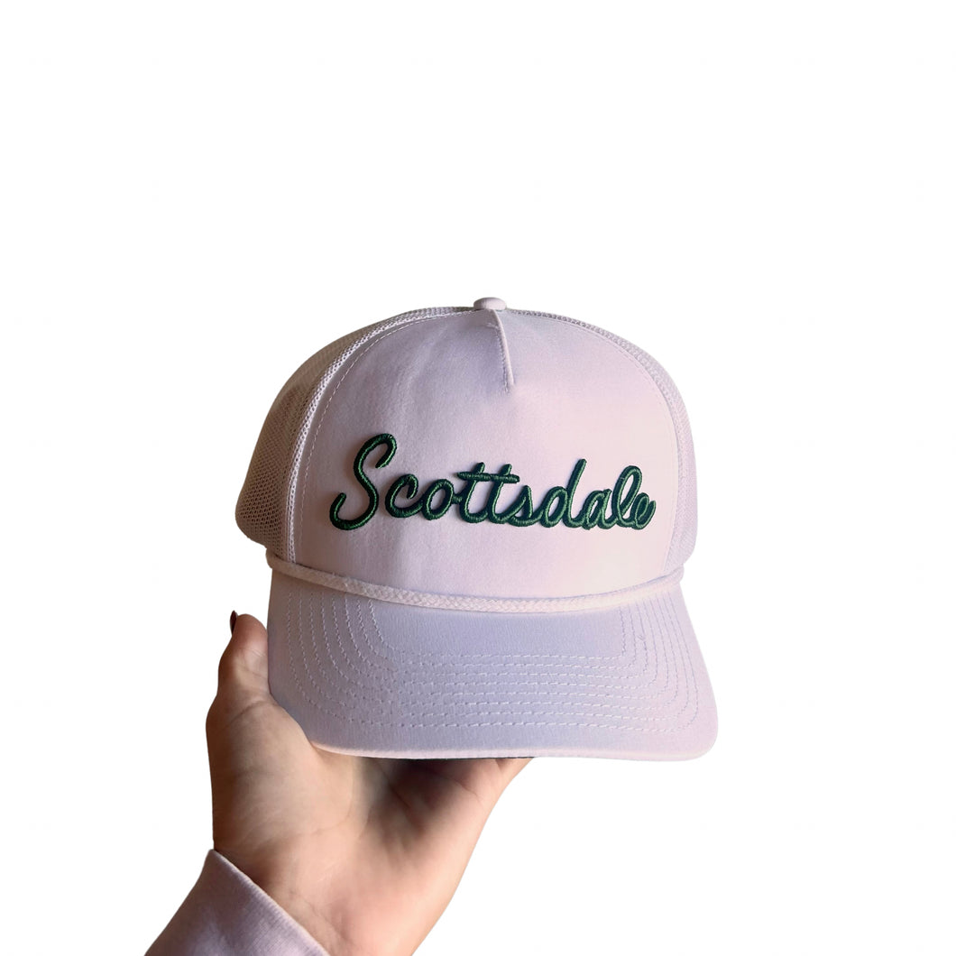 Scottsdale White Golf Hat with Green Letters